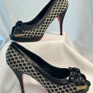 Betsey Johnson Black & White Peep Toe Bow Heels